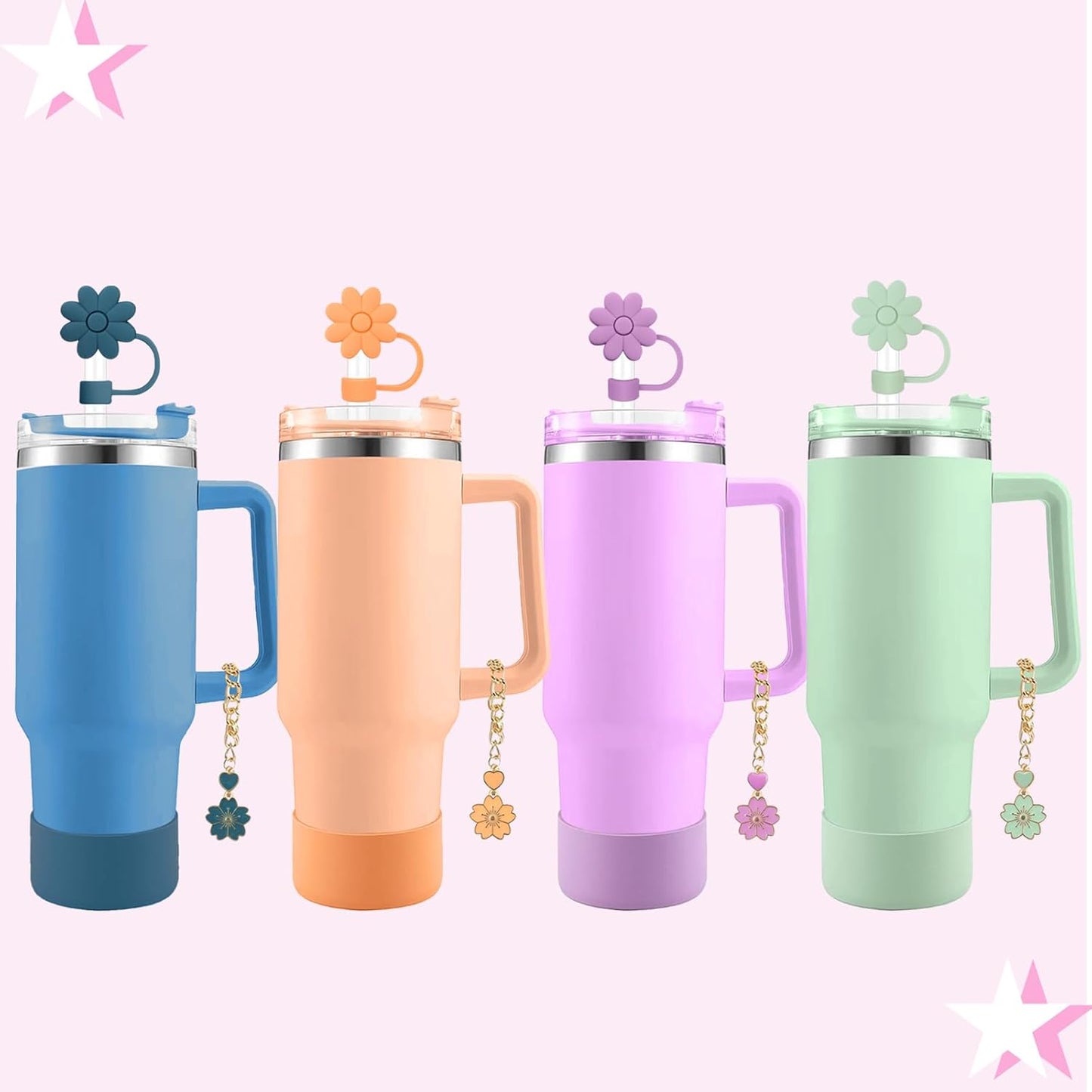 Stanley - Silicone Flower Straw Cover Toppers & Handle Charm Set | 10mm Straw Toppers, Nectarine