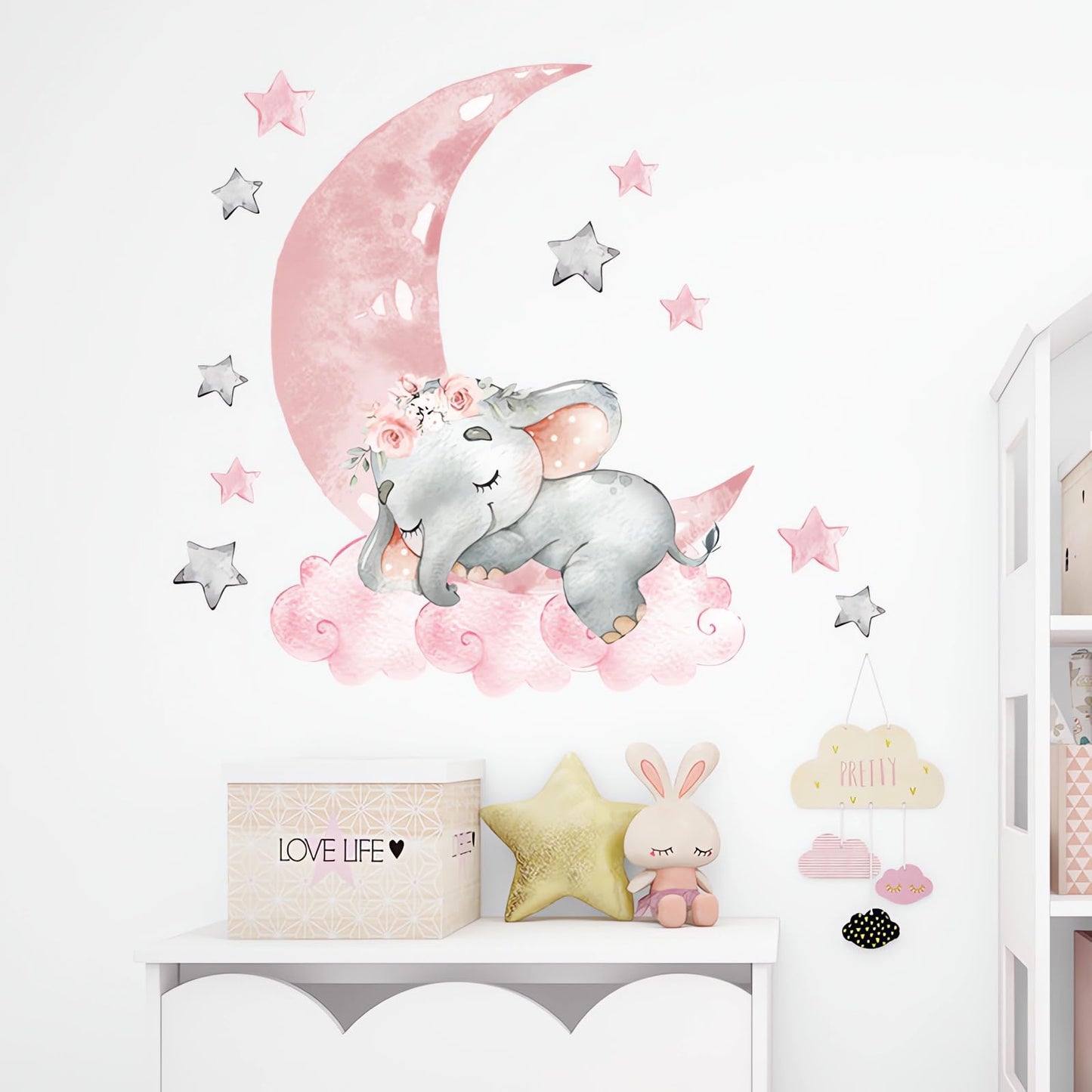 Cute Pink Sleeping Baby Elephant Wall Stickers, sacinora Moon and Stars DIY Art Wall Decals Removable Vinyl Peel and Stick for Kids Baby Girls Nursery Bedroom Toddler Room Decorations