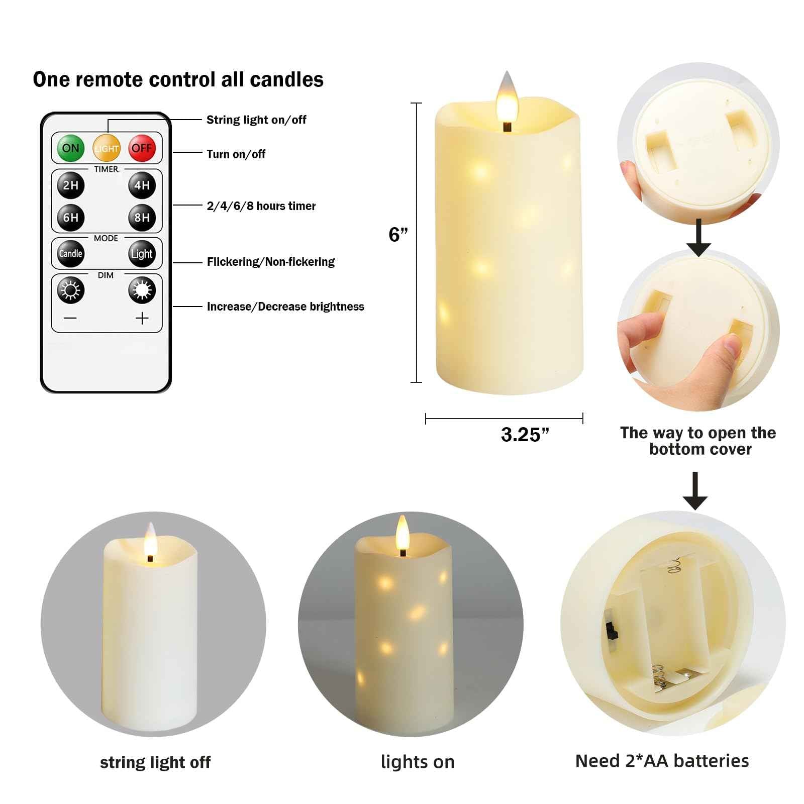 Lezonic Flameless Waterproof Outdoor Candles with Flickering Dancing Flame, 4Pcs Battery Operated Candles with Remote, Ivory LED Pillar Built-in String Lights for Patio Wedding Decor, 3.25" x 6"