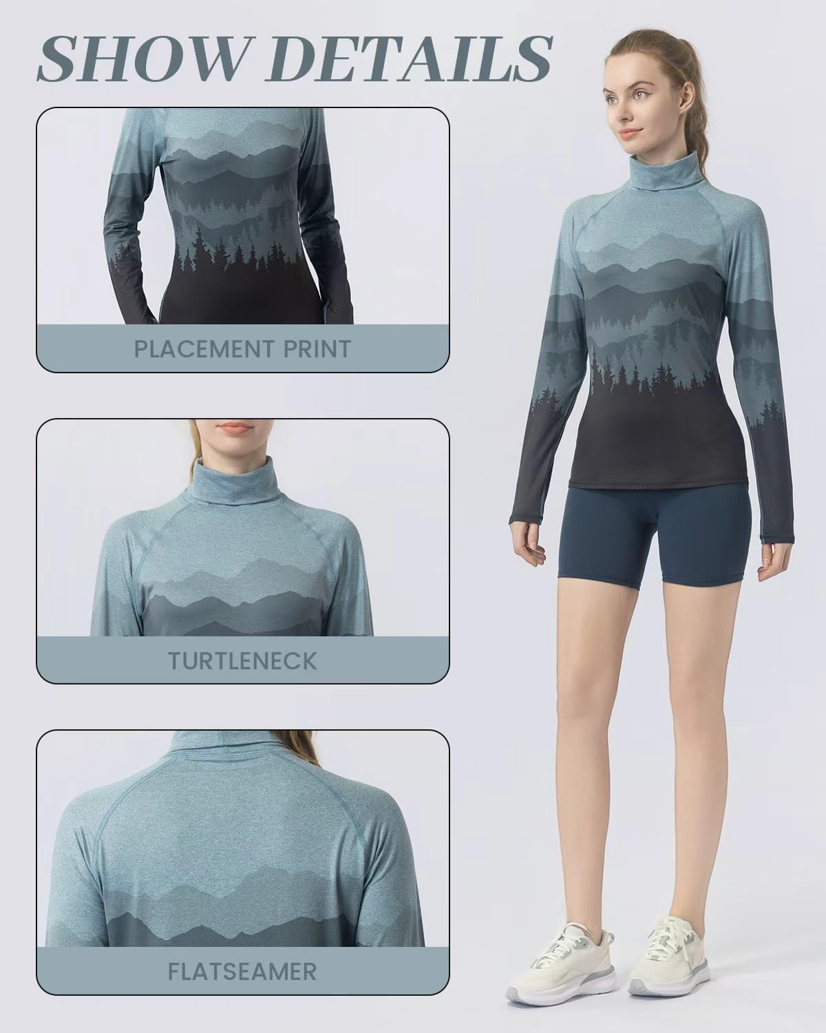 Leapstride Women's Slim Fit Turtleneck Performance Base Layer Long Sleeve Top with Placement Printed Mountain & Forest Design, Moisture - Wicking Super Soft CloudTouch Fabric