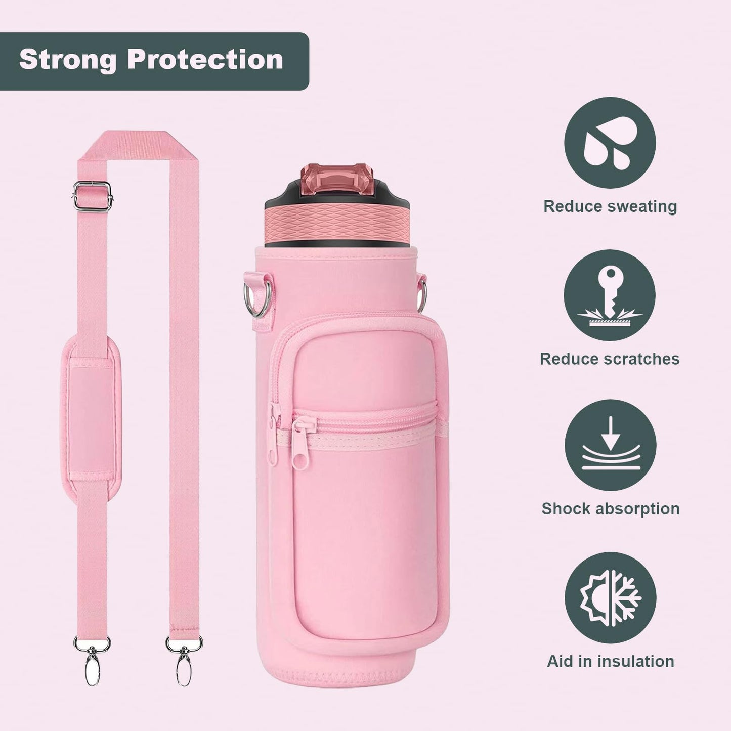 32 oz Water Bottle Carrier Bag, 32/40 oz Water Bottle Holder with Strap, Sling Bag Sleeve Pouch Holder with Phone Pocket and Small Pocket for Walking Hiking Camping Gym(2.95"W * 9.05"H)（Pink）