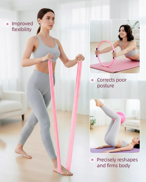 Abahub Pilates Ring Set, Home Workout Pilates Equipment Pilates，14”Magic Circle, 9”Mini Ball, Yoga Bands, Hoop for Women Home Fitness, Toning Arms, Thighs/Legs & Core, Pink Set