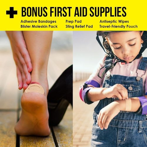 Everlit Care Travel Essential First Aid Kit - TSA Compliant Mini Medkit with Bonus Medical Supplies | 64 Tablets Individually Packed