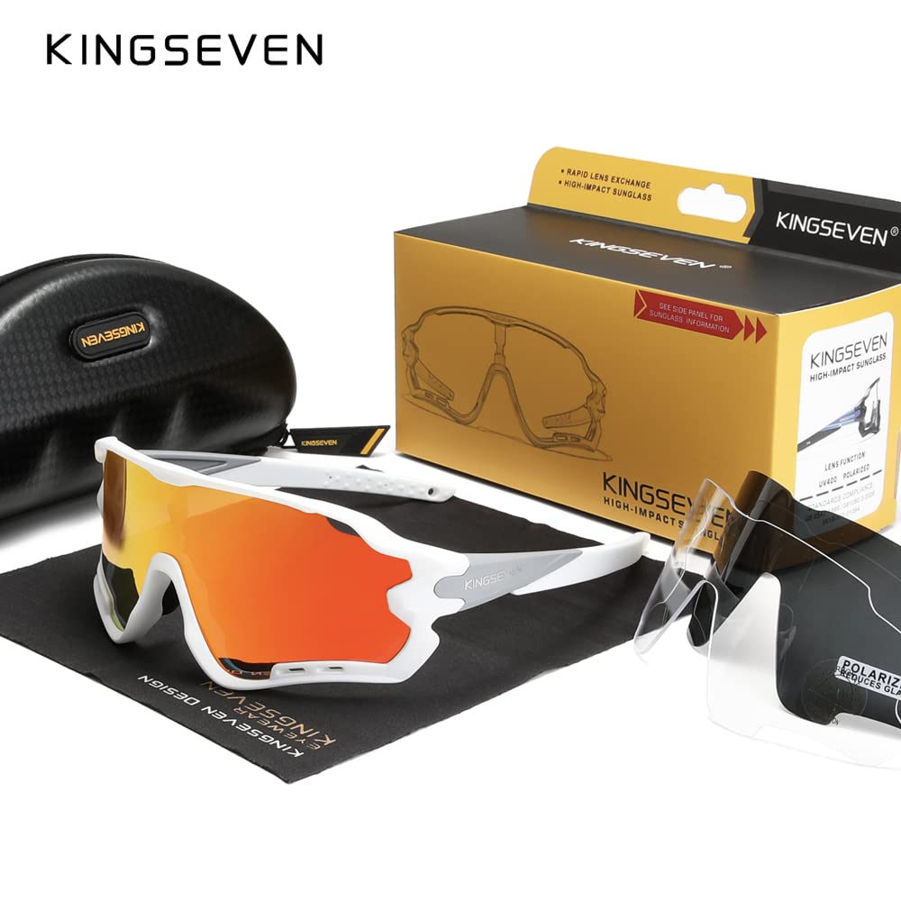 KINGSEVEN Polarized Cycling Glasses for Men Women Bicycle Sports MTB Road Bike Sunglasses with 4 Interchangeable Lenses LS-911 (White/Orange)