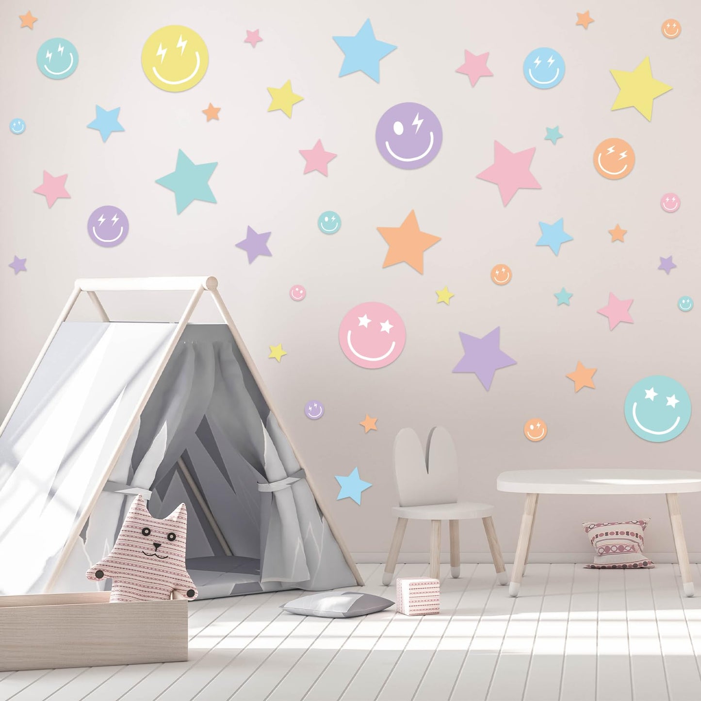 Whaline 12 Sheets Preppy Wall Stickers Pastel Smile Face Star Wall Decals Aesthetic Room Mural Stickers for Party Home Nursery, 7.9 x 11.8 Inch