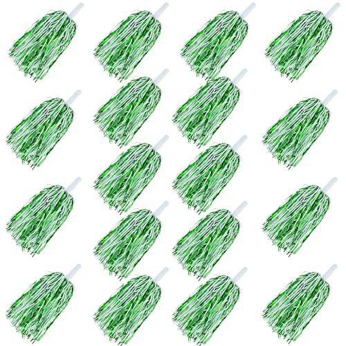 KDPATFAV 18Pcs Green White Metallic Foil Pom Poms with Baton Handle - Cheerleading Sports Party