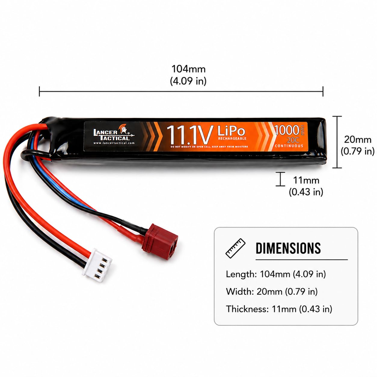 Lancer Tactical LiPo Airsoft Battery - 11.1V 1300mAh 15C/20C Stick - Tamiya/Dean Connector(1300mAh 20C Stick - Dean Connector)