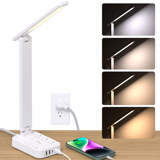 Addtam LED Desk Lamp, Power Strip with 3 Outlets 4 USB Charging Ports(2 USBC), 4 Modes 5 Level Brightness Touch Lamp, Small Desk Lamp for Home Office College Dorm Room Essentials, White