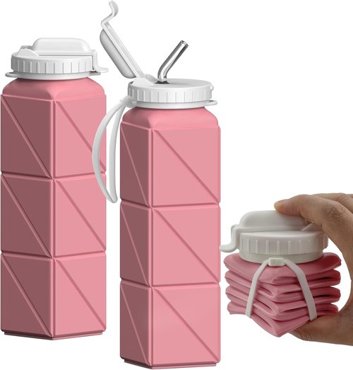 Beautail Collapsible Water Bottle - 20.6oz Silicone Portable & Leakproof for Travel, Camping, Yoga (Pink)