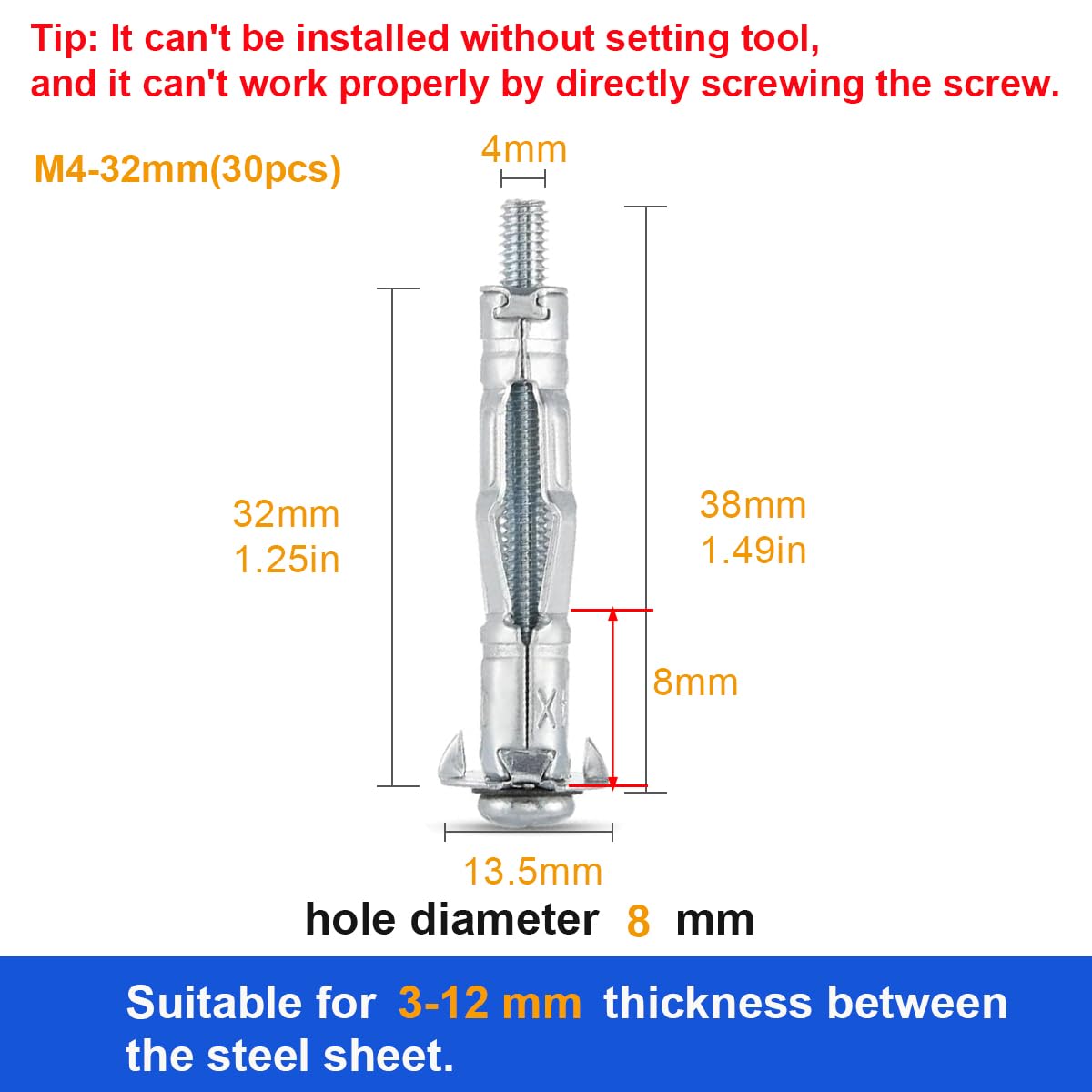 30 pcs Molly Bolts, Metal Drywall Anchors, Heavy Duty Zinc Plated Steel Molly Bolt (M4-32)