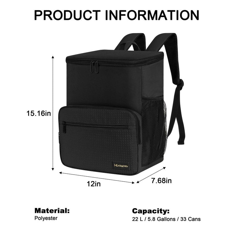 MIRASON Cooler Backpack Insulated Leak Proof Beach Backpack Cooler Bag, Cooling Beer Lunch Backpack Cooler for Men Women Picnic Hiking Camping Travel with 4 Pockets, Black