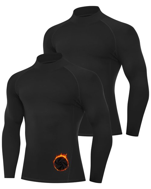 Runhit 2 Pack Men's Thermal Compression Shirts Mock Turtle Neck Long Sleeve Fleece Lined Undershirt Athletic Base Layer Winter Gear Black+Black M