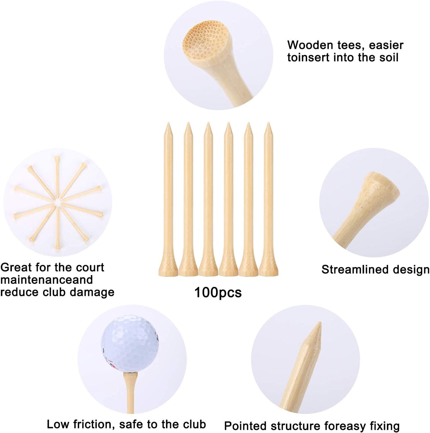 Bamboo Golf Tees - Durable 100-Pack | Eco-Friendly Biodegradable Design, 3-1/4" Size