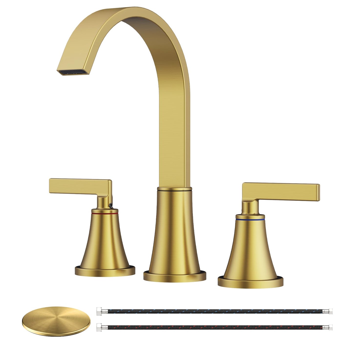 HURRAN 8 Inch Bathroom Sink Faucet, 3 Hole Widespread Bathroom Faucets with Pop Up Drain, Bar Faucet with Cache Aerator, Brushed Gold