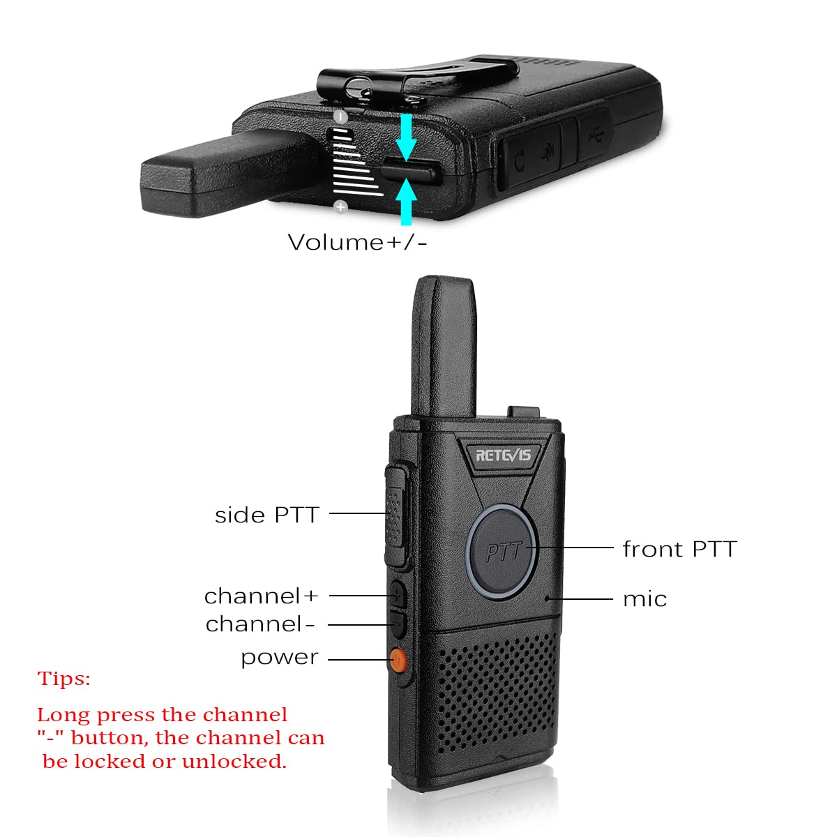 Retevis RT18 Rechargeable Walkie Talkies, Portable FRS Two-Way Radios, Dual PTT, VOX, Metal Clip, Small Mini Walkie-Talkie for Adults Seniors Elderly Family Camping Hiking Outdoor Trip(2 Pack)