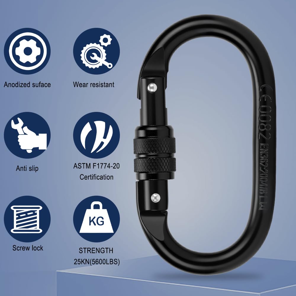 Kvittra Auto Locking Carabiner Heavy Duty Carabiner, Carabiner Clips(25KN=5600 lbs), Large Carabiner Clip for Keychains,Hammock,Camping, Gym, Hiking, Outdoor,Dog Leash (Black 2 Pcs)