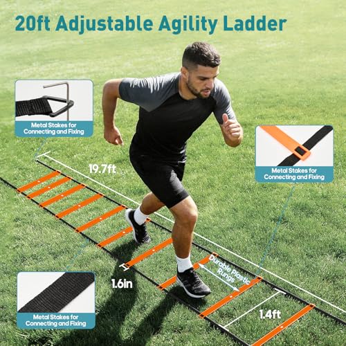 Agility Training Equipment Set - 20ft Ladder, Hurdles, Cones, Parachute & Jump Rope - Classic Orange