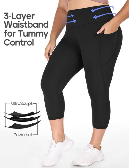 Heathyoga X-4XL Plus Size Capri Leggings for Women with Pockets Tummy Control Capri Yoga Pants High Waisted Leggings Black