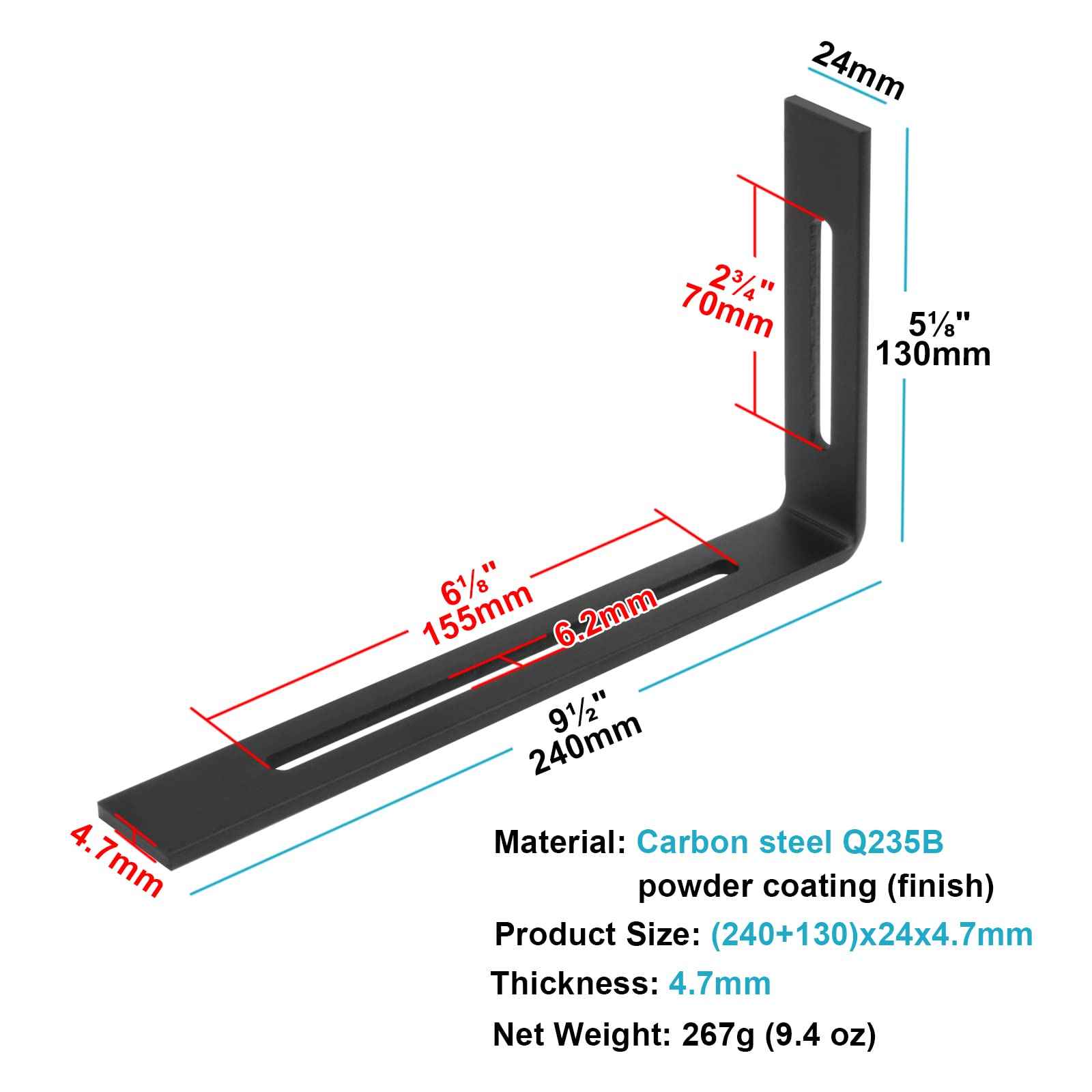 eoere 4 PCS 9-1/2" Black Adjustable L Corner Brace with M6 Slot, Heavy Duty Steel Slotted L Bracket for Fixing Furniture, Thickness 3/16", Max. Load 180 LB