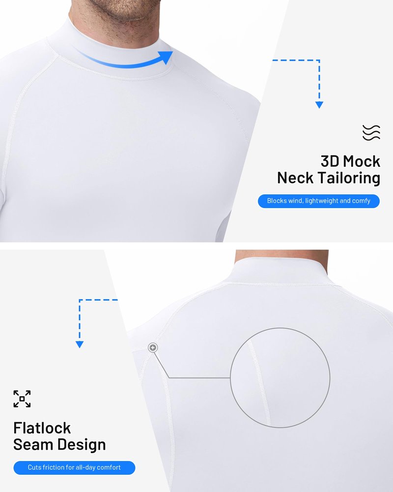 Poekuao Men's UPF 50+ Compression Shirts Long Sleeve Mock Turtleneck Athletic Undershirt Base Layer for Running Football Workout White M