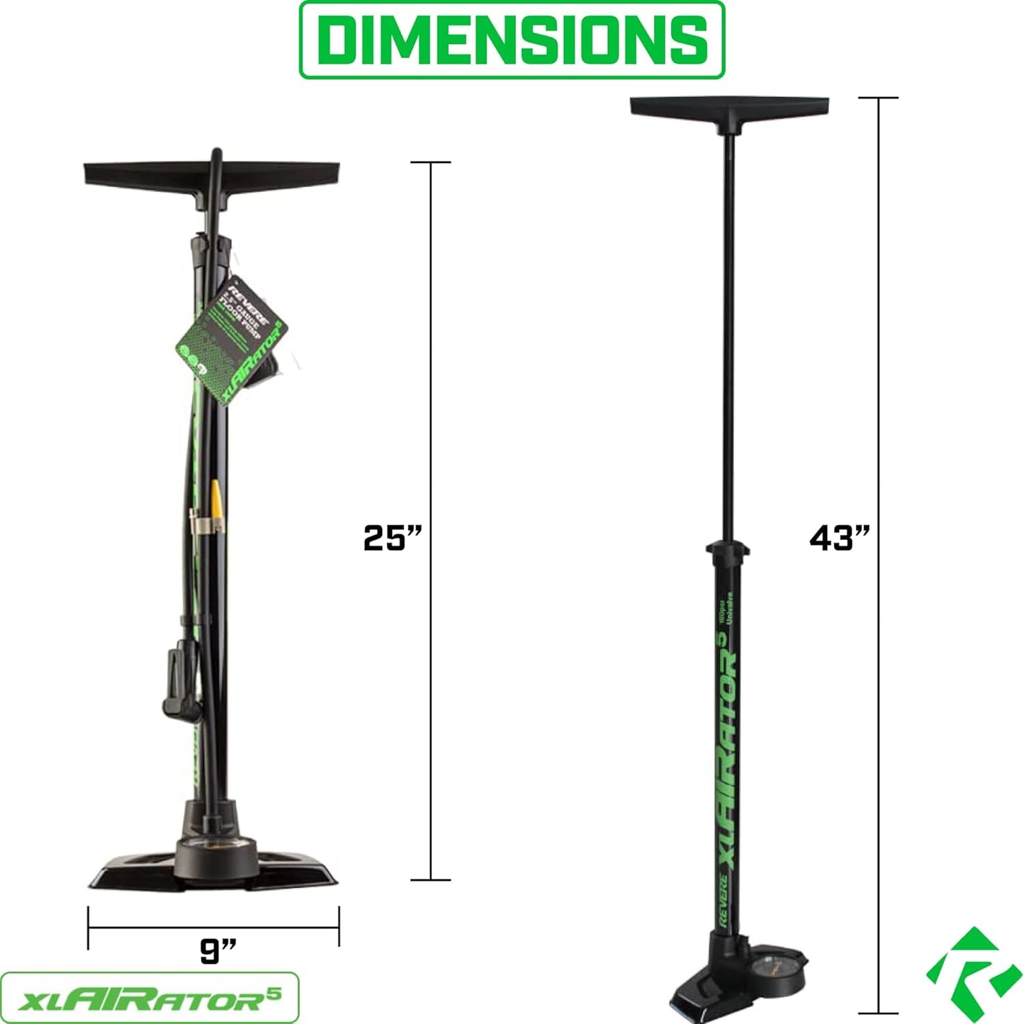 Revere xlAIRator 5 Bike Floor Pump - 160 PSI Dual Valve Compatibility | Extra-Large Gauge & 41" Hose