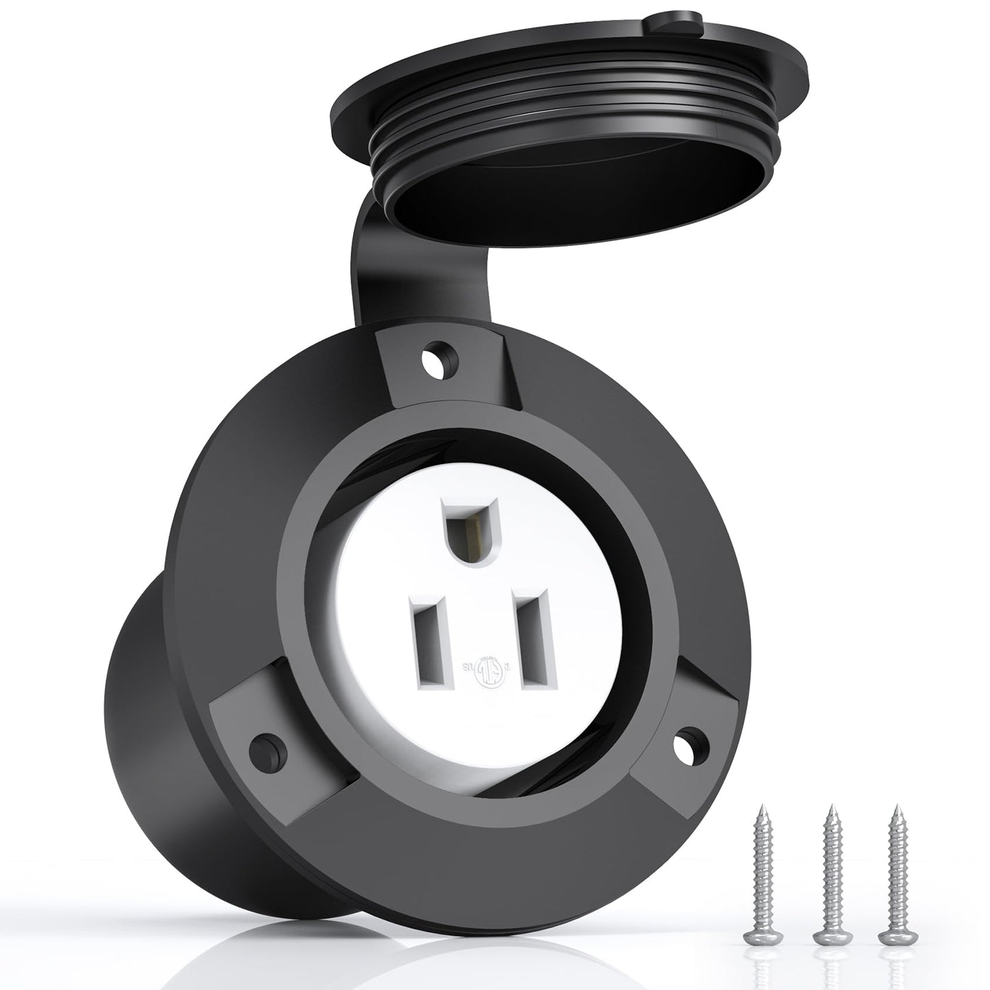 120V 15A Flanged Outlet Female Electrical Outlet with Cover NEMA 5-15R Waterproof Receptacle for RVs Marine Truck Bed Block Heater ETL Listed