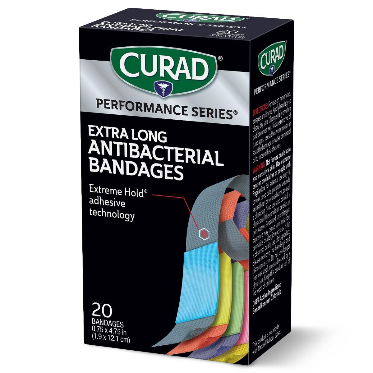 CURAD Performance Series Antibacterial Bandages, Extra Long, 0.75" x 4.75", 60 Count