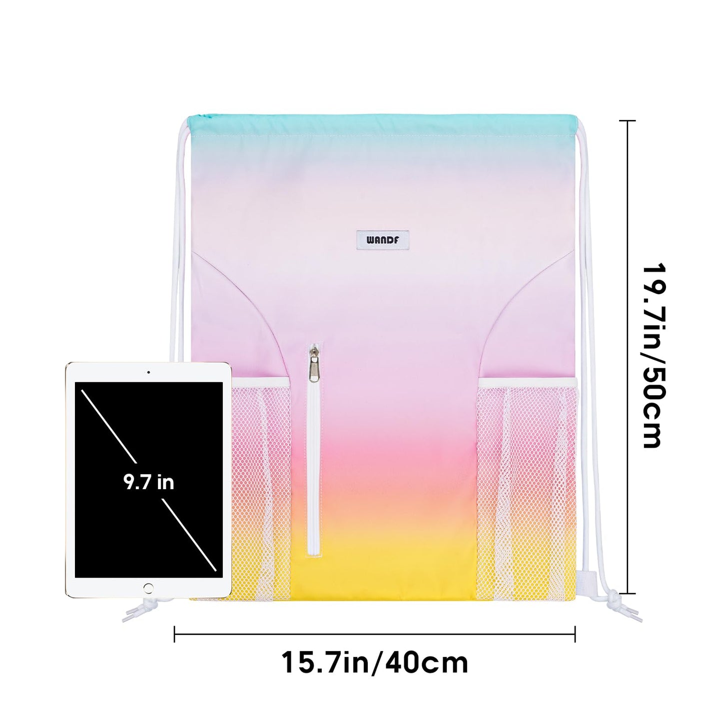 WANDF Drawstring Backpack Sports Gym Sackpack with Mesh Pockets Water Resistant String Bag for Women Men (Rainbow)