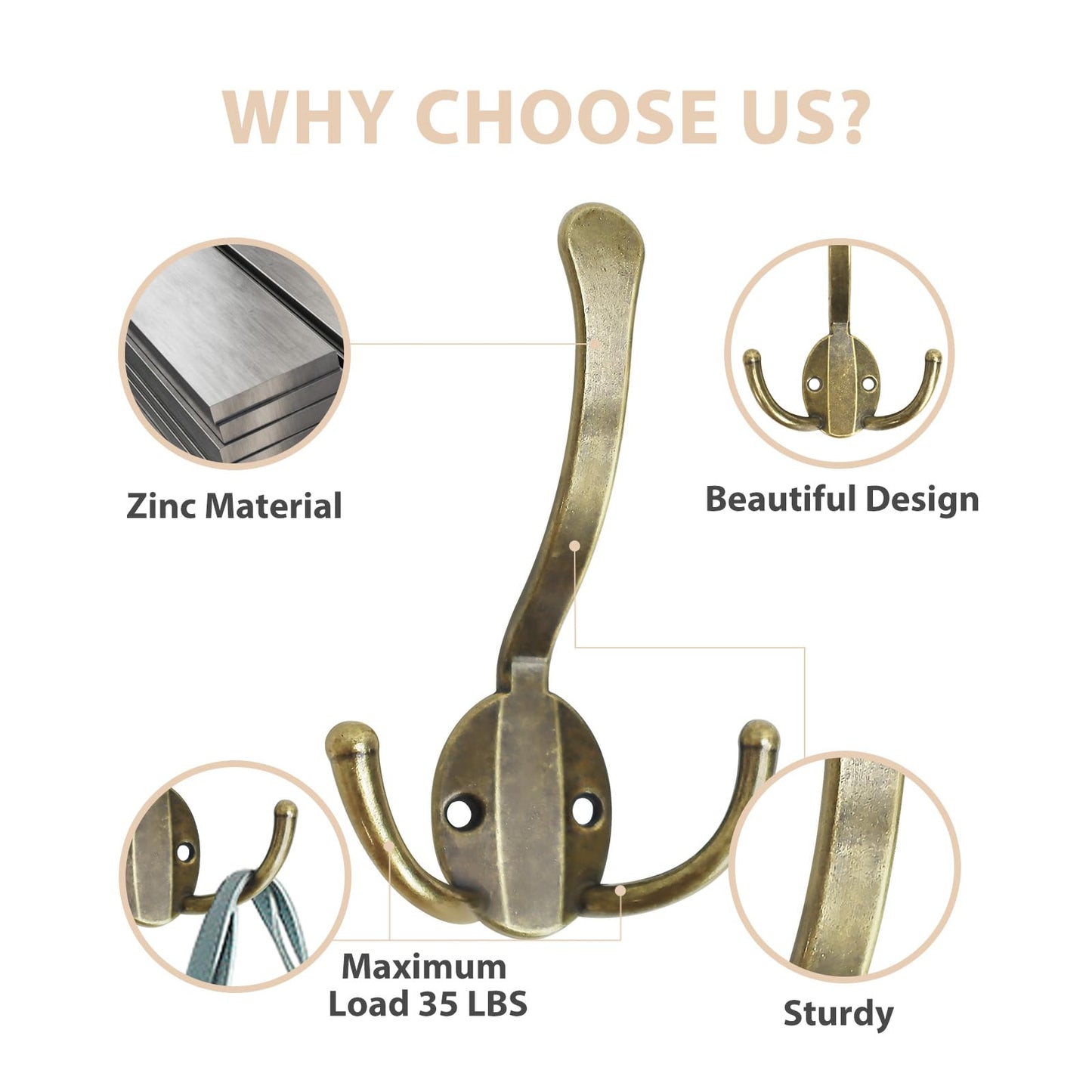 Homanu 8 Pack Coat Hooks Heavy Duty, Metal Three Prongs Large Coat Hooks Wall Mounted with 16 Screws, No Rust Antique Brass Rustic Wall Hooks for Hanging Towel, Coat, Scarf, Bag, Hat, Cup, Key