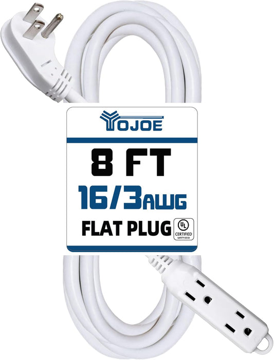 YOJOE 3-Outlets Flat Plug Indoor Extension Cord Outlet Extender, 3 Prong 8 ft 13A Power Strip, 16 Gauge Heavy Duty White Extension Cord, 16/3 SJTW, UL Listed