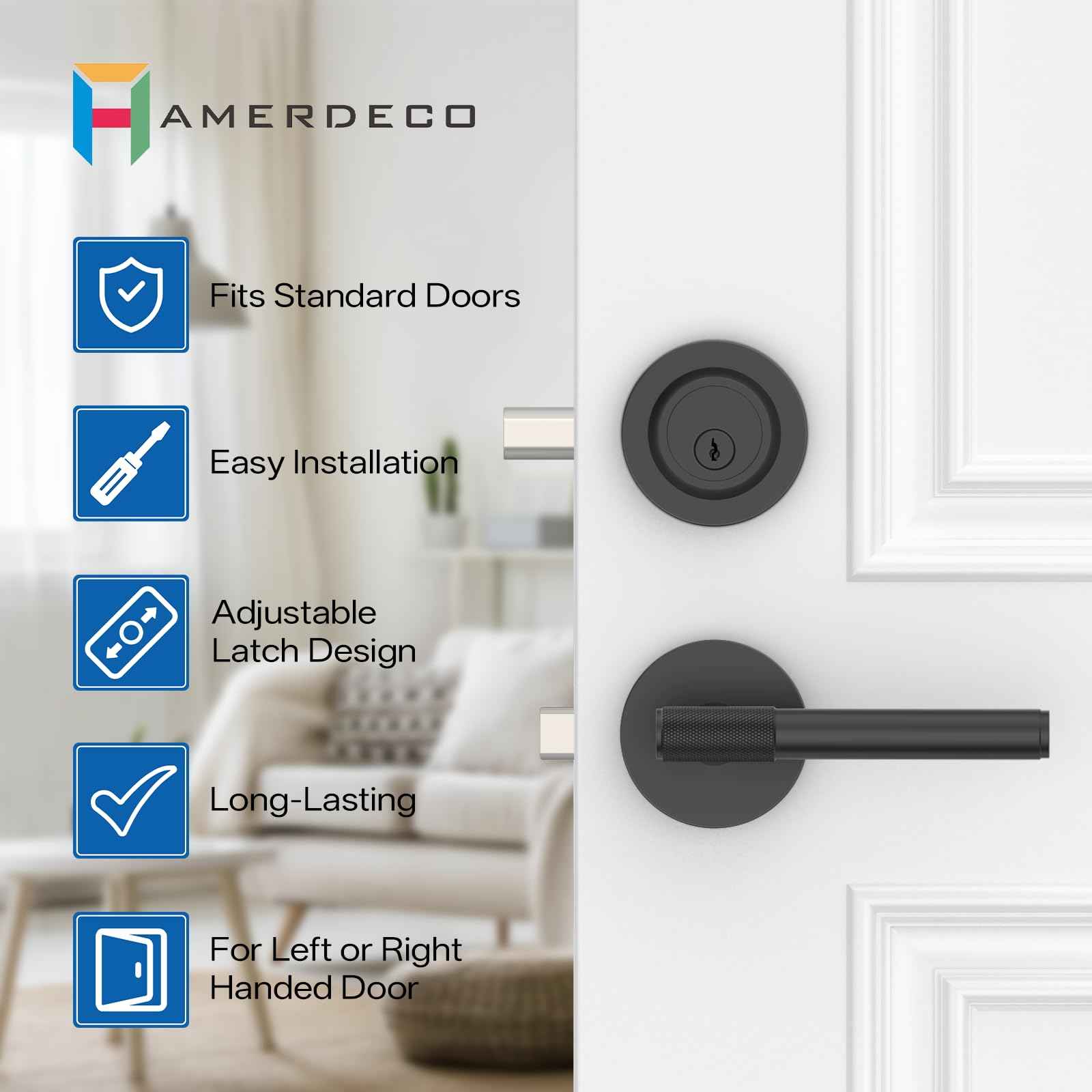 Amerdeco Front Door Lock Set with Double Cylinder Deadbolt, Black Exterior Entry Door Lever, Heavy Duty Entry Door Locksets for Left or Right Hand Exterior Door（Black 2 Pack）