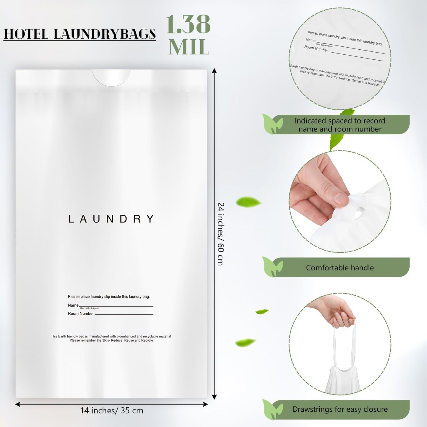 Wowangce 100 Pack Hotel Laundry Bags Bulk 1.38 Mil 14" x 24" Laundry Plastic with Drawstring Closure Writing Strips Patient Personal Belongings Dirty Clothes Bag for Factory Travel Hospital