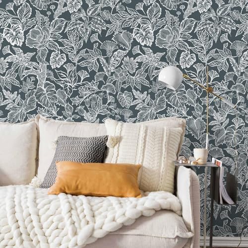 Tropical Peel and Stick Wallpaper Boho Contact Paper Cabinet Dark Blue Navy White Removable Self Adhesive Contact Paper Modern Floral Leaf Bedroom Bathroom Wallpaper Waterproof 17.3inW 78.7inL