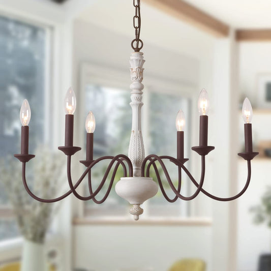 French Country Chandelier,6-Light Farmhouse Chandelier Vintage Candle Dining Room Lighting Fixture Brown White Antique Industrial Chandeliers for Living Room Kitchen Island Foyer Bedroom Lighting