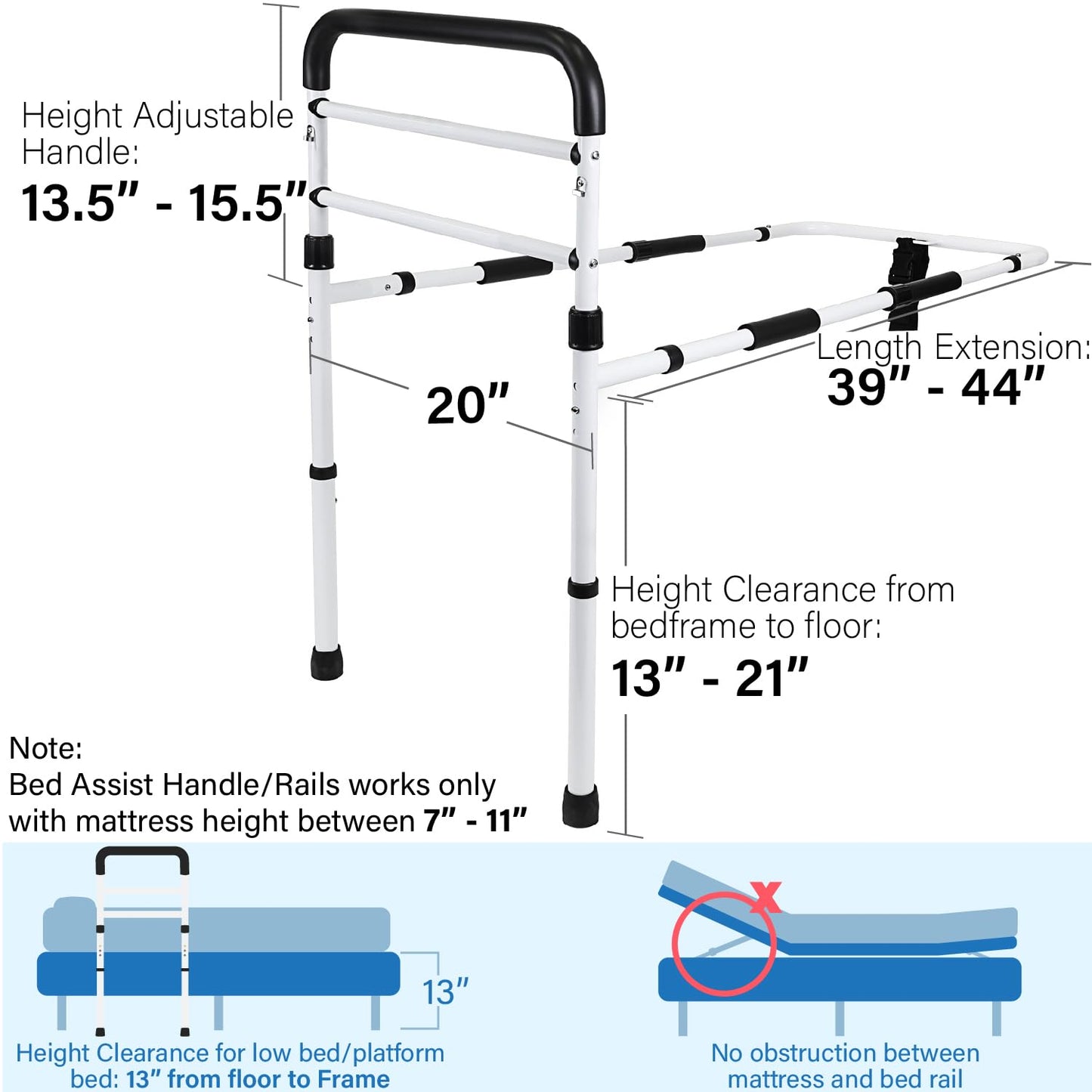 Vaunn Medical New Adjustable Bed Assist Rail Handle (Passed ASTM F3186–17 Safety Standard) and Hand Guard Grab Bar, Bedside Safety and Stability (Tool-Free Assembly)