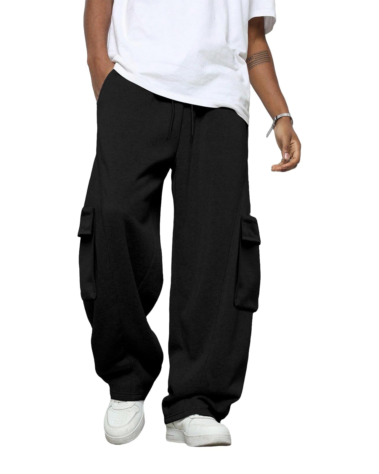 Pillxter Men's Baggy Sweatpants Heavyweight Fleece Cargo Pants Wide Leg Loose Fit Casual Joggers Sweat Pants for Men with Pockets,Black