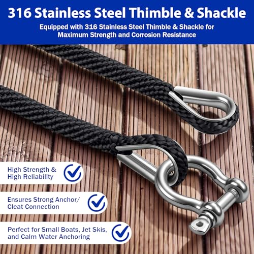 HOKINETY Marine Grade Anchor Rope 3/8 Inch x 150FT Black Floating Braid with Stainless Steel Thimble & Shackle