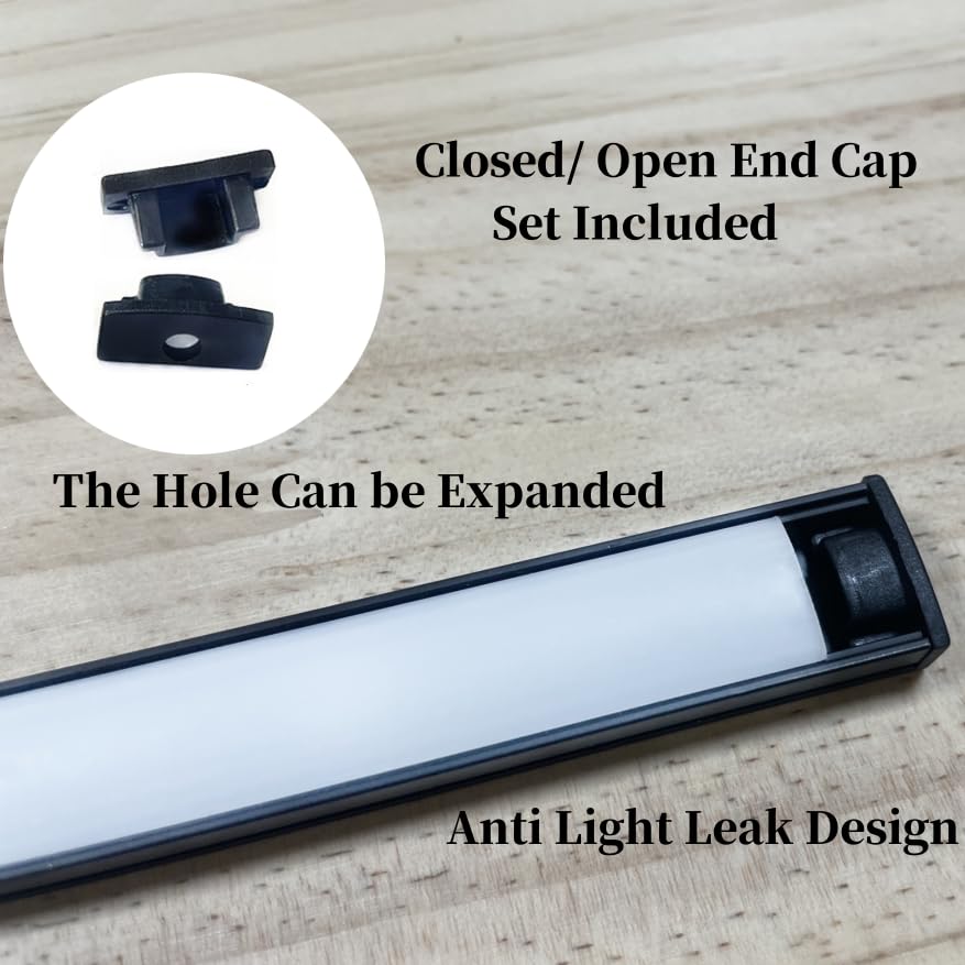 THMOOTHER 10-Pack 6.56FT Pre-Drilled Countersunk Hole LED Strip U Channel Diffuser, Matte Black Flush Mounted Under Cabinet Tape Light Aluminum Low Profile with Milky Cover (10, 6.56FT)