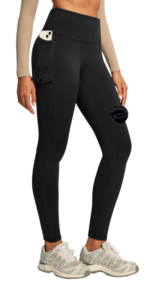 Heathyoga Cargo Fleece Lined Leggings Women Water Resistant Thermal Leggings with Pockets for Women Waterproof Hiking Pants Black