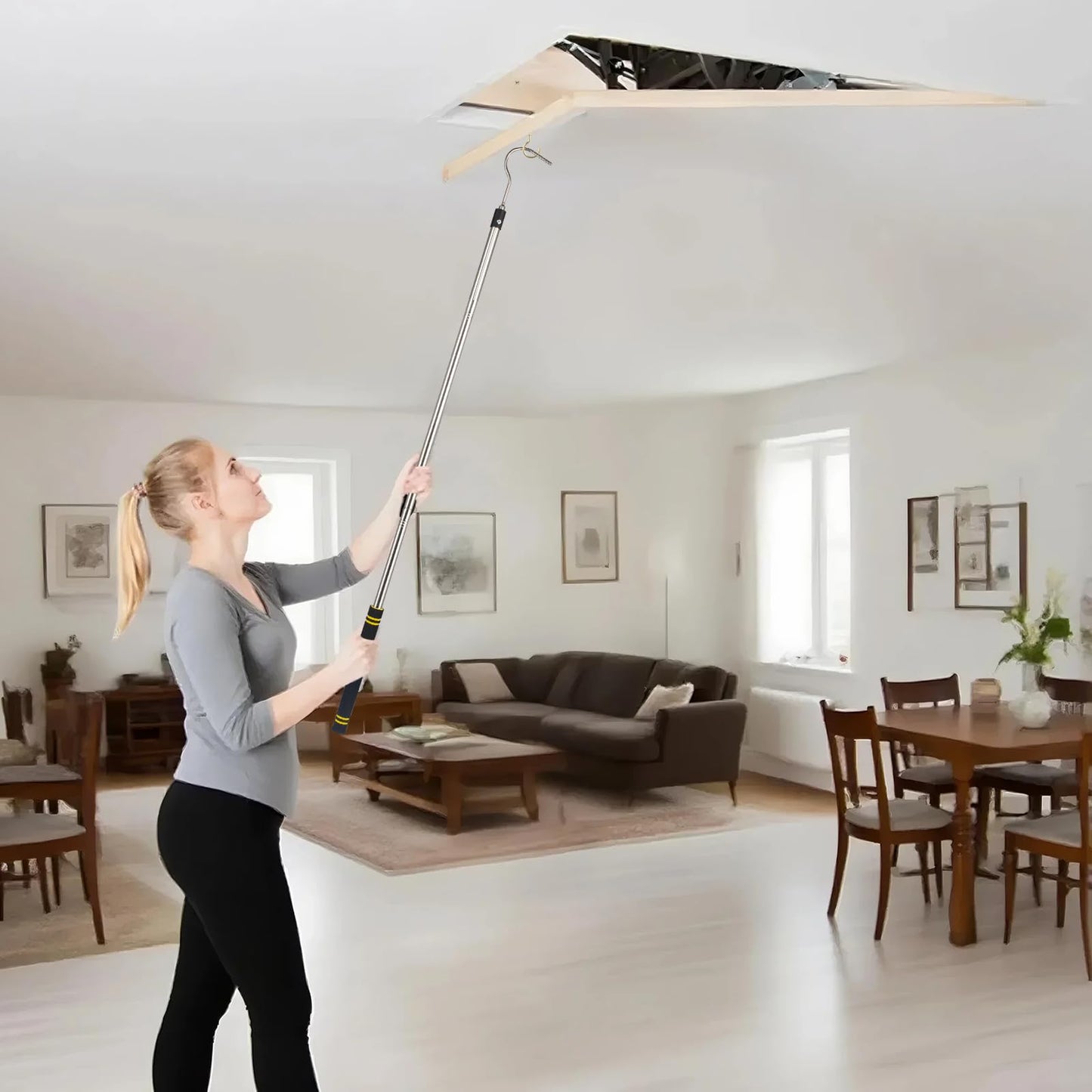 Gzlozak Attic Pull Down Hook, 36" to 64" Attic Ladder Pull Cord Heavy Duty Cord Replacement for Attic Door Awning Pull Rod Garage Doors Stainless Steel with Comfort Sponge Grip Silver