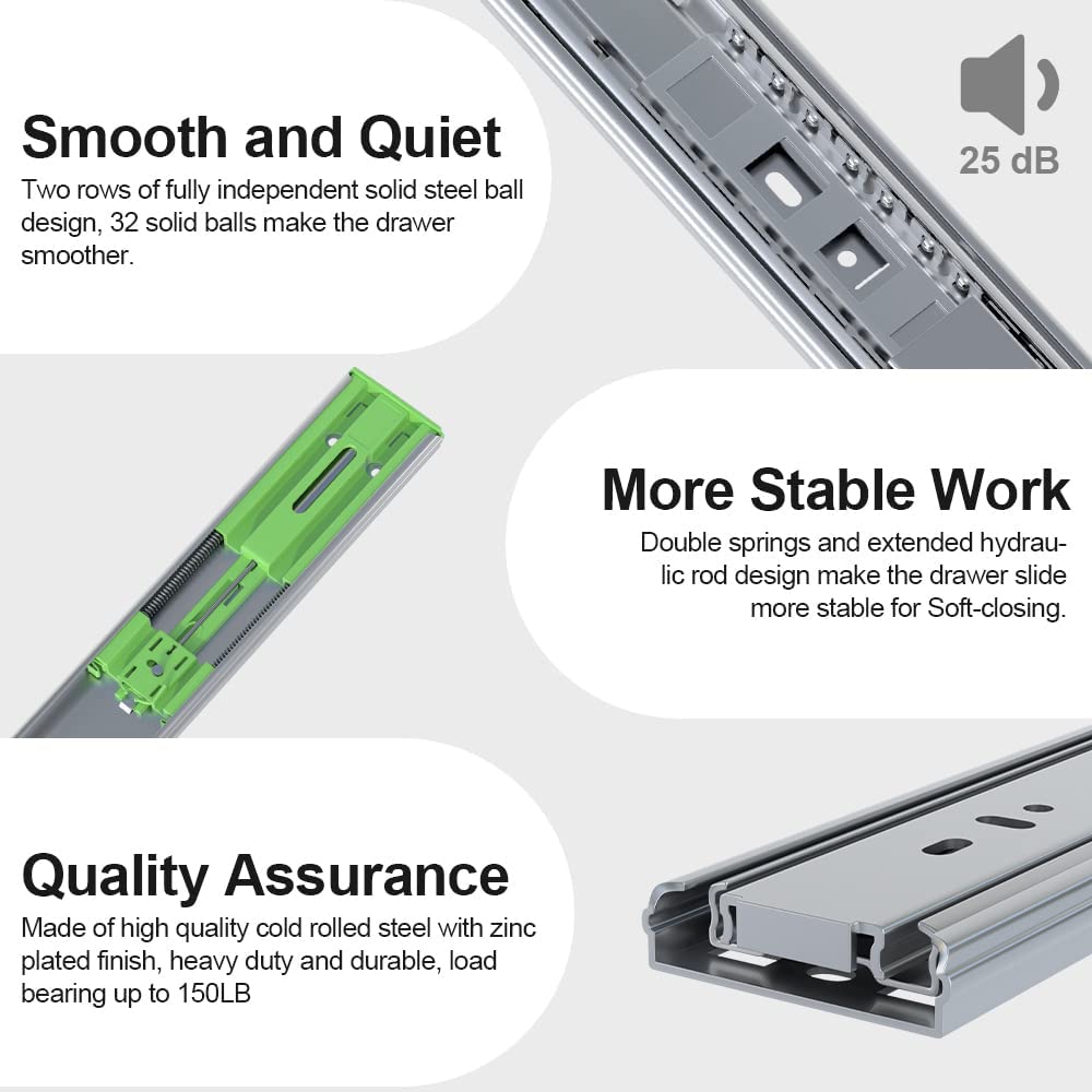 FivePears 6 Pairs 24 Inch Heavy Duty Soft Close Drawer Slides, 150 Lb Load Capacity Full Extension Ball Bearing Side Mount Drawer Runner, Rv Tool Box Kitchen Cabinet Drawer Self Closing Glide Rails