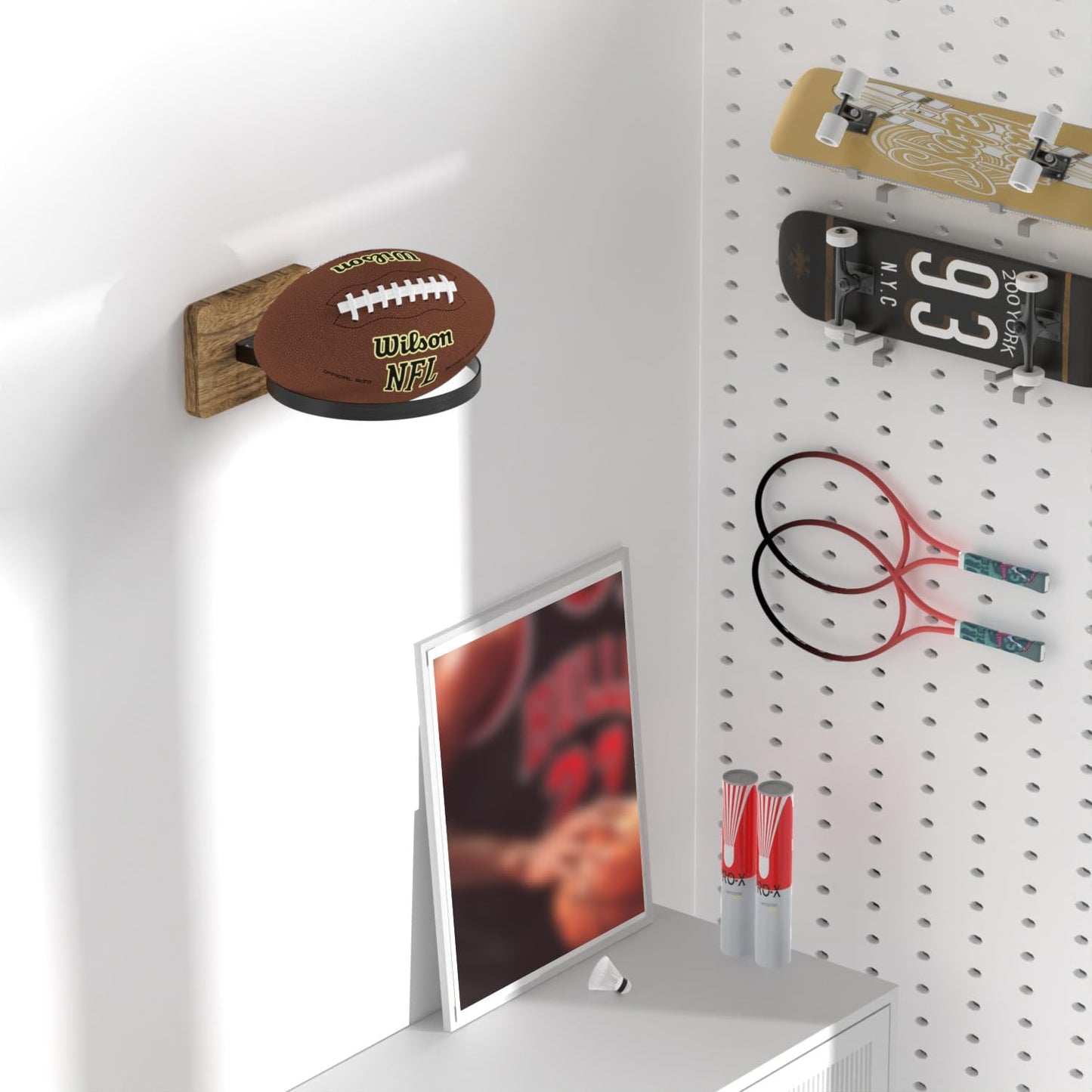Skiennix Wall Mount Basketball Holder - Autograph Sports Ball Display Rack | Organize Football, Soccer & Volleyball