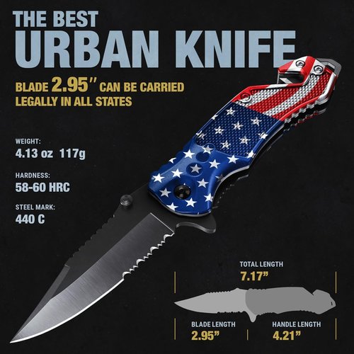 Good Worker Legal Pocket Knife - 2.95” Serrated Blade, Glass Breaker & Seat Belt Cutter | EDC Folding Tool for Camping & Hiking