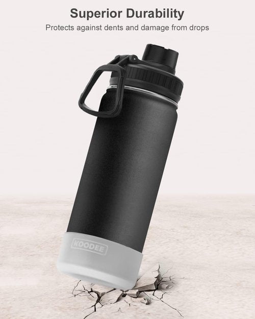 Koodee Insulated Water Bottle - 18 oz Stainless Steel Double Wall Vacuum with Leakproof Spout Lid | Black