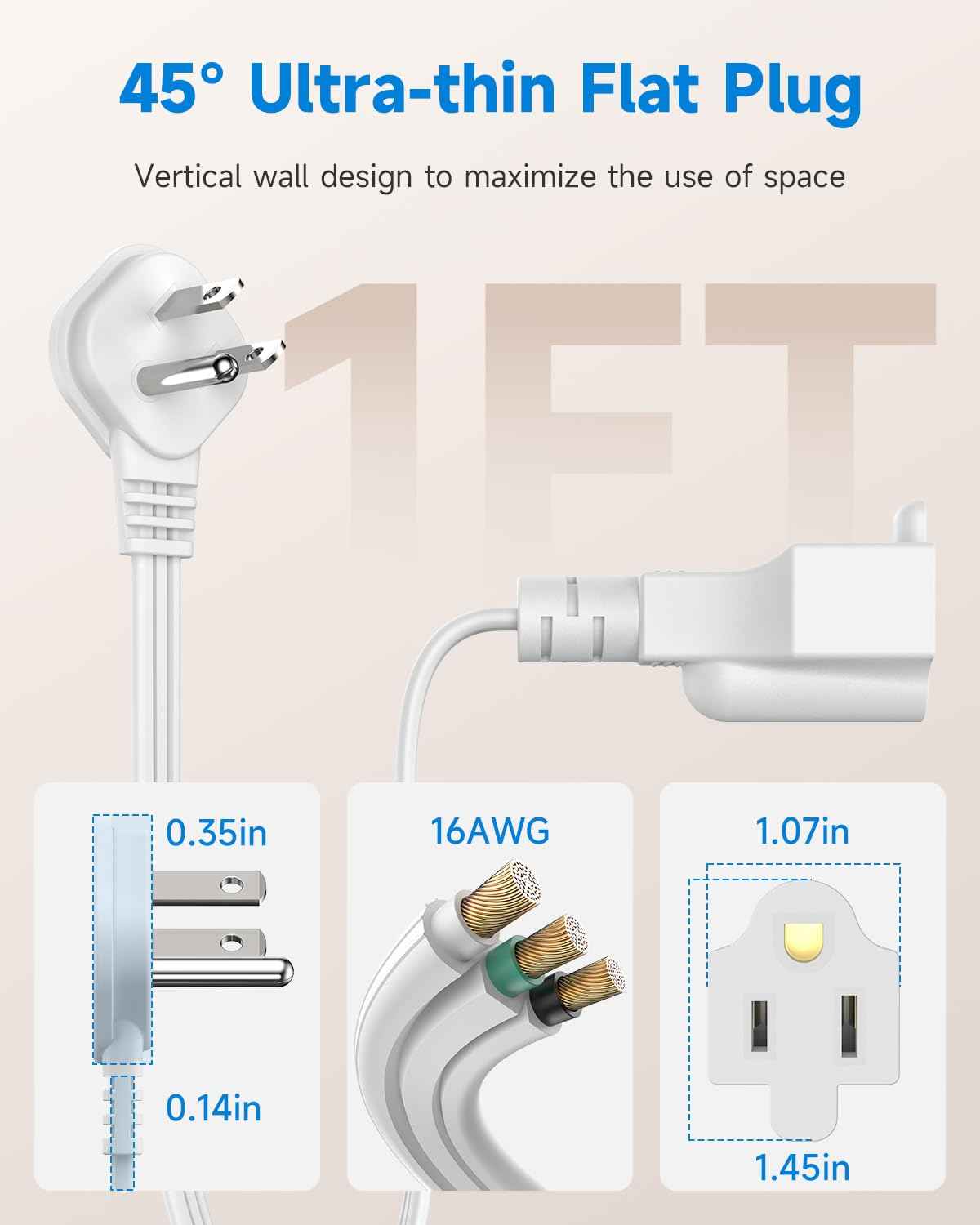 Flat Plug 1Ft Short Extension Cord, White 90-Degree Plug Low Profile Power Adapter, 3-Prong Indoor Grounded Small Extension Cord 16AWG 13A 1625W 6 Pack