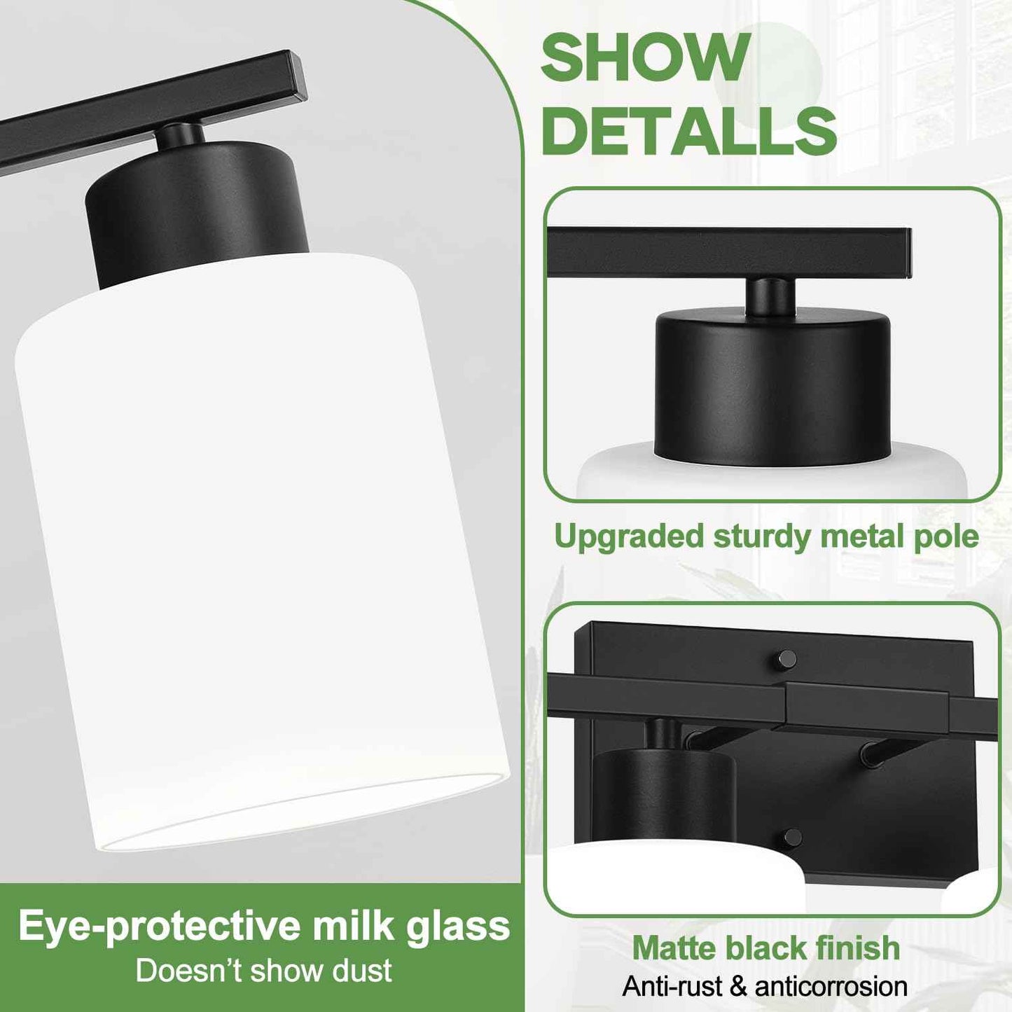 4-Light Bathroom Vanity Light Fixture, Matte Black Finish with Frosted Glass Shades, Modern Bathroom Light Fixtures for Mirror, Living Room, or Bedroom, E26 Socket