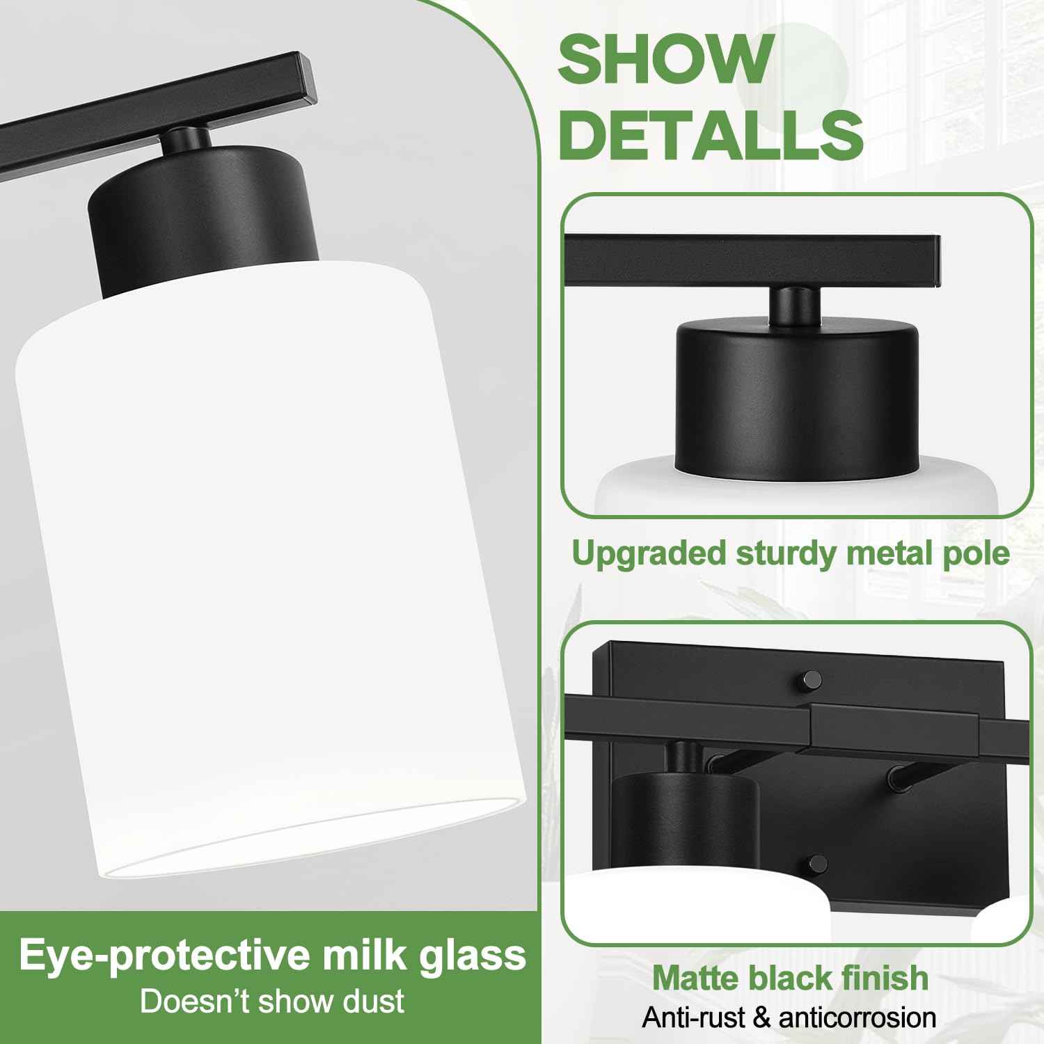 4-Light Bathroom Vanity Light Fixture, Matte Black Finish with Frosted Glass Shades, Modern Bathroom Light Fixtures for Mirror, Living Room, or Bedroom, E26 Socket