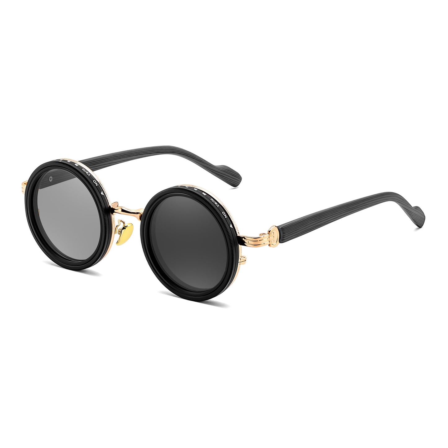 FEISEDY Adjustable Tint Polarized Sunglasses, Wood-Grain Temples, 1-9 Gear Manual Dimming, Steampunk Round ND Filter TAC Lenses UV400 B0380