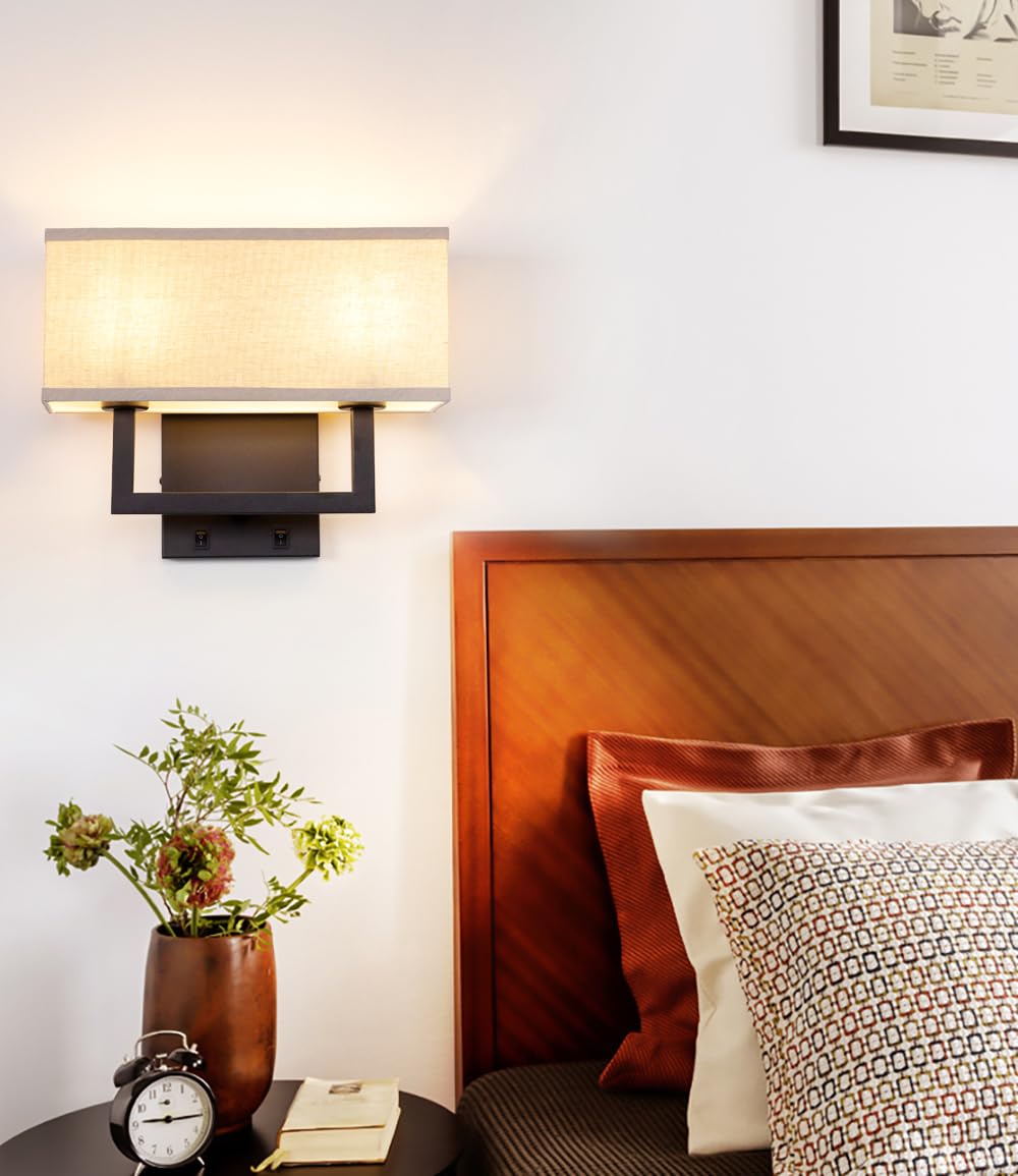 Yosoan Linen Fabric Boho Wall Sconce Bedside Light with On Off Switch, 2-Light Finished Hardwired Vintage Industrial Dual Wall Mount Lamp Lighting Square Shade for Bedroom Living Room Stairwell(Black)