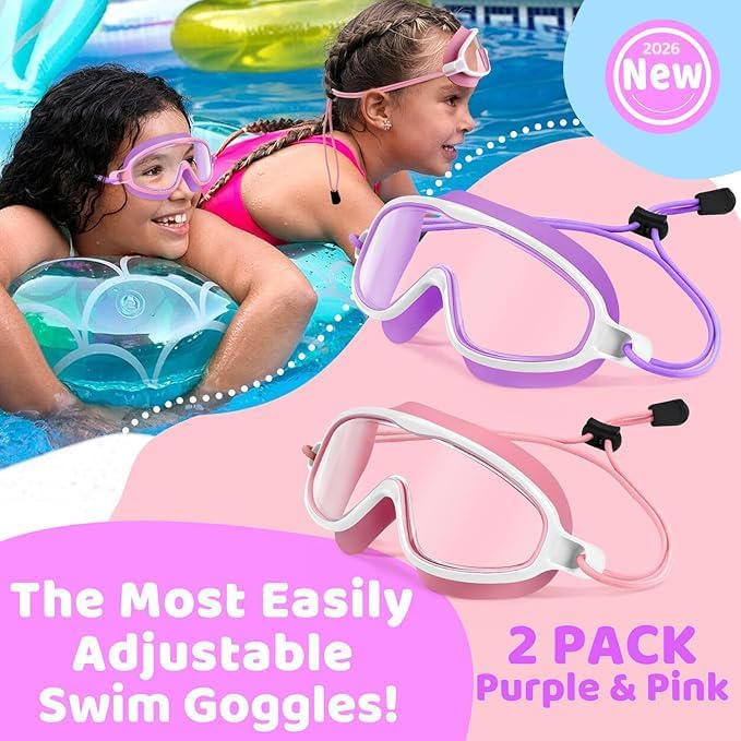 Vvinca Kids Swim Goggles - Wide View Anti-Fog UV Protection | Adjustable Bungee Strap for Ages 3-14